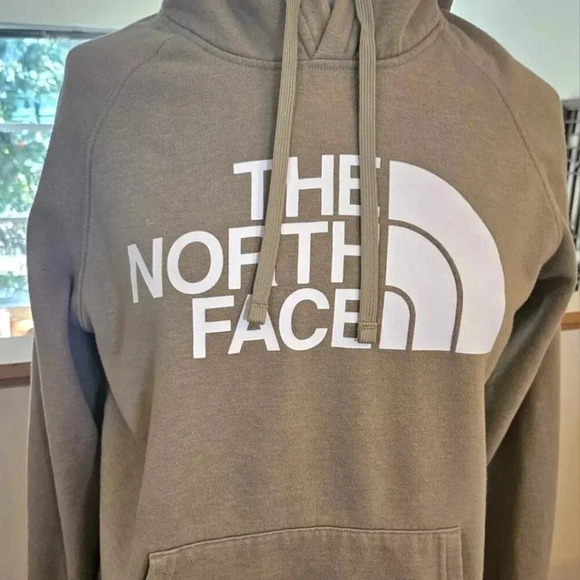 NORTH FACE HOODIE Women’s Sz S Sweatshirt Comfy Beige White Logo Drawstring - Picture 1 of 5